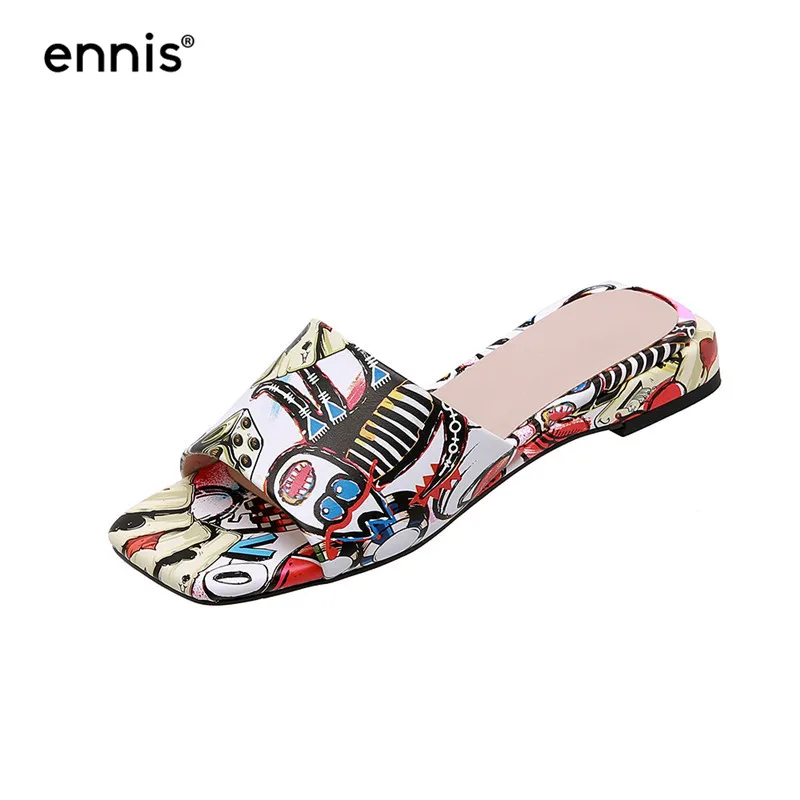 Red ENNIS/ г.; женские шлепанцы в богемном стиле; кожаные шлепанцы с открытым носком и цветным принтом; женские пляжные шлепанцы на плоской подошве; модная летняя обувь; Новинка; M980 - Цвет: Red