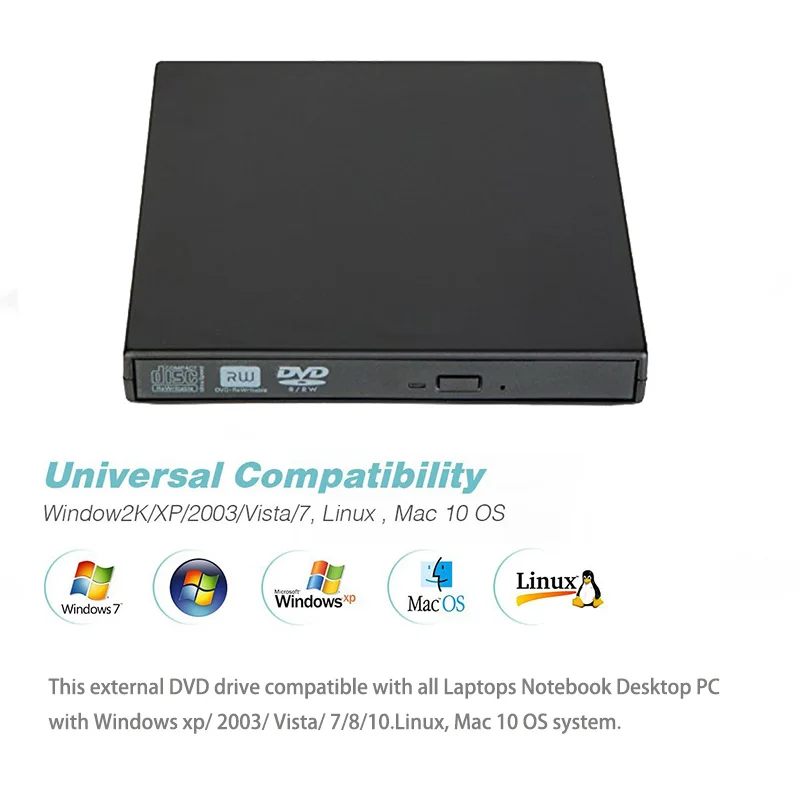 Внешний DVD Оптический привод USB 2,0 DVD-ROM-плеер CD/DVD-RW записывающее устройство для Windows PC/WIN 10/8/7/XP