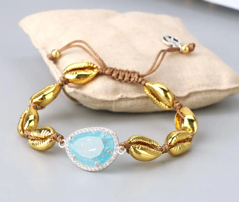 

KELITCH Gold Shell Beaded Bracelets Cowry Crystal Beach Seashell Cowrie Strand Bracelets Women Adjustable Jewelry