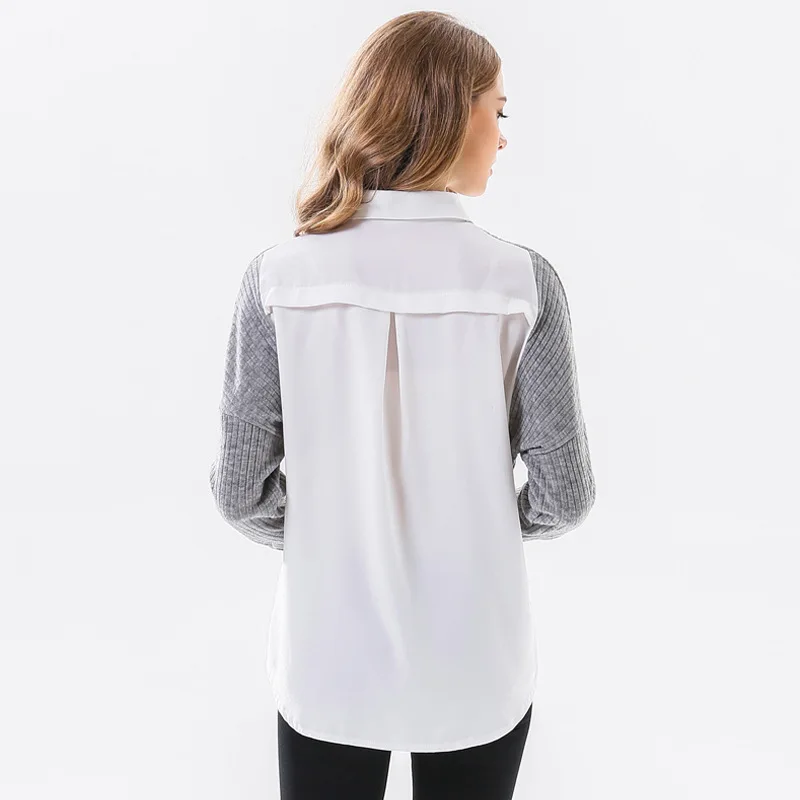 Осень Зима блузка рубашка женская 2018 Blusas трикотажные Лоскутные Blusa повседневные