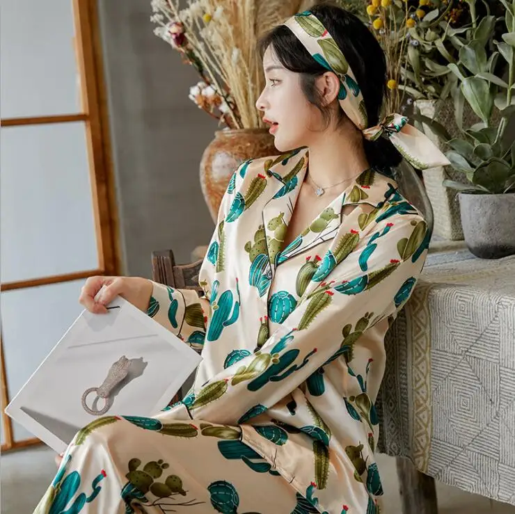 Женская пижама новинка 2019 весенне осенний комплект шелковая шаль Пижама для сна