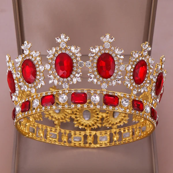 Red Gold Винтажный барочный синий зеленый красный кристалл большие круглые диадемы и короны из горного хрусталя диадема для королевы короля свадебные аксессуары - Окраска металла: Red Gold