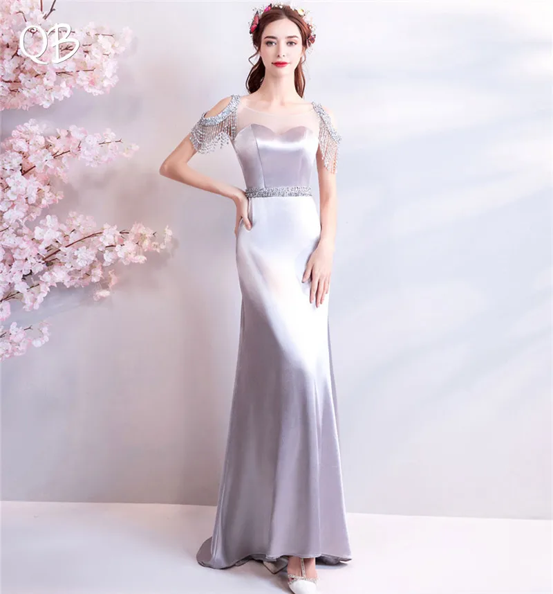 

Silver Mermaid Backless Satin Crystal Beaded Sexy Formal Elegant Evening Dresses Bride Banquet Party Prom Dress XK80