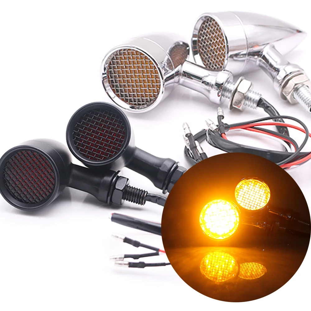 

1pair Motorcycle Retro Bullet LED Turn Signal Brake Light Mesh Lens For Harley Chopper Bobber Yamaha Honda Kawasaki Suzuki 10mm