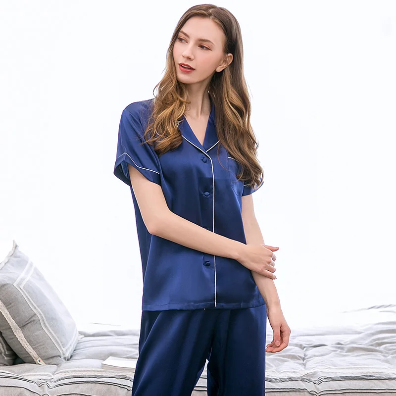 Women Solid 100% Real Silk Pajamas Set 2 pieces Short Sleeves Long Pants Suit Ladies Pure Silk Sleepwear Nightwear Pyjamas