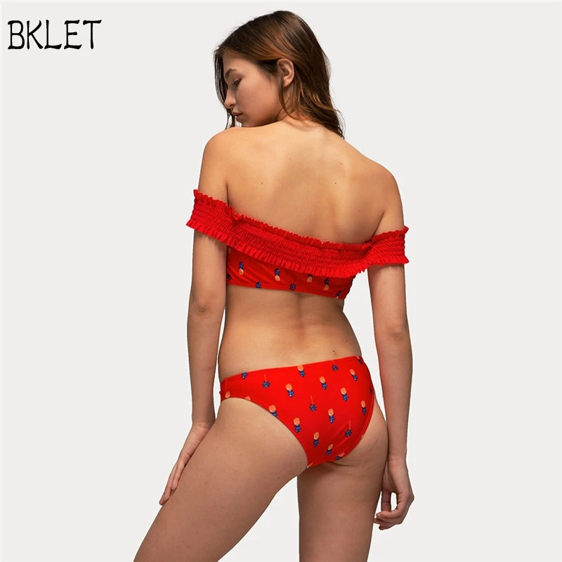 

2018 Woman Sexy Lace Red Bikini Set Off Shoulder Swimsuit Bandage Push Up Padded Bikini Bra Brazilian Print Swimming Suit