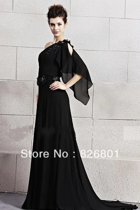 Free Shipping New Arrival Custom Made!A-line Beaded One Shoulder black Elegant Long Chiffon Evening Dresses Formal | Свадьбы и