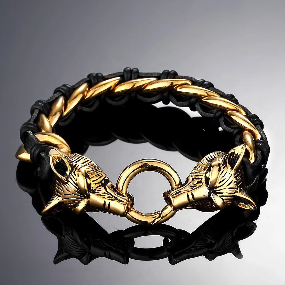 VPK 2019 new Wolf head leather woven titanium steel 316l bracelet Fashion Punk Rock hot sale Jewelry | Украшения и аксессуары