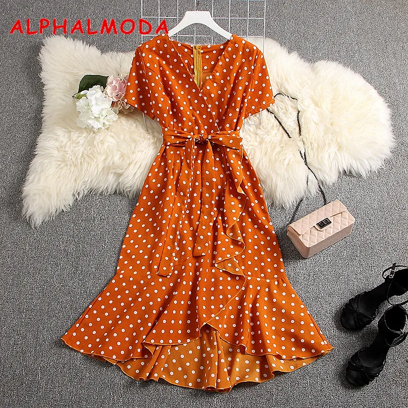 ALPHALMODA модное плиссированное платье в горошек летнее элегантное шифоновое с v