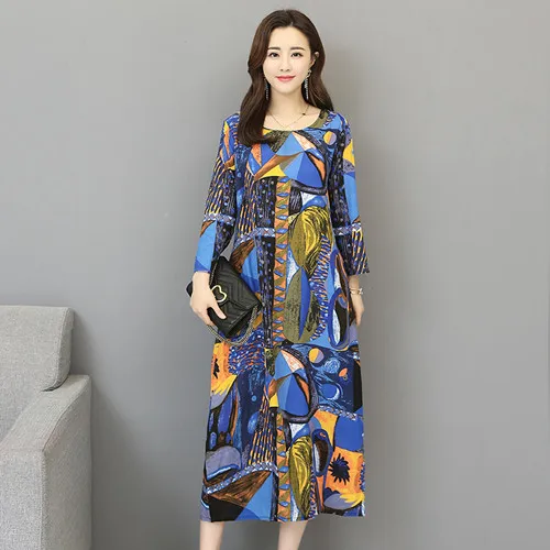 dark blue Uego, Новое поступление, мягкий тонкий светильник, хлопок, лен, весна-лето, платье, модный принт, винтажное платье, женское повседневное миди, вечерние платья - Цвет: dark blue