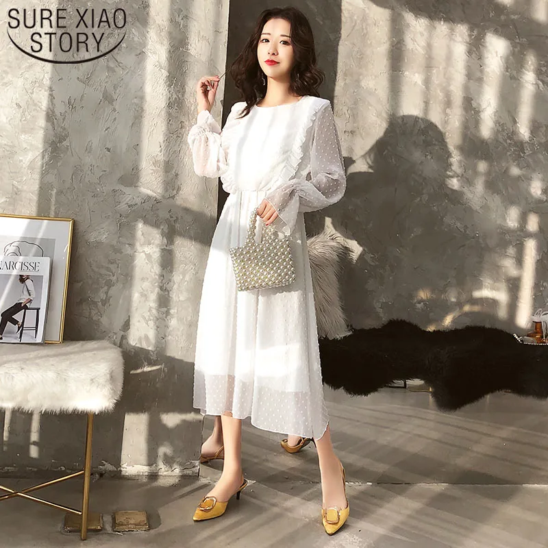 

Elastic Waist Flare Sleeve Female Long Vestidos Retro A-line Women Dress Ruffles Polka Dot Women Chiffon Dress 3508 50