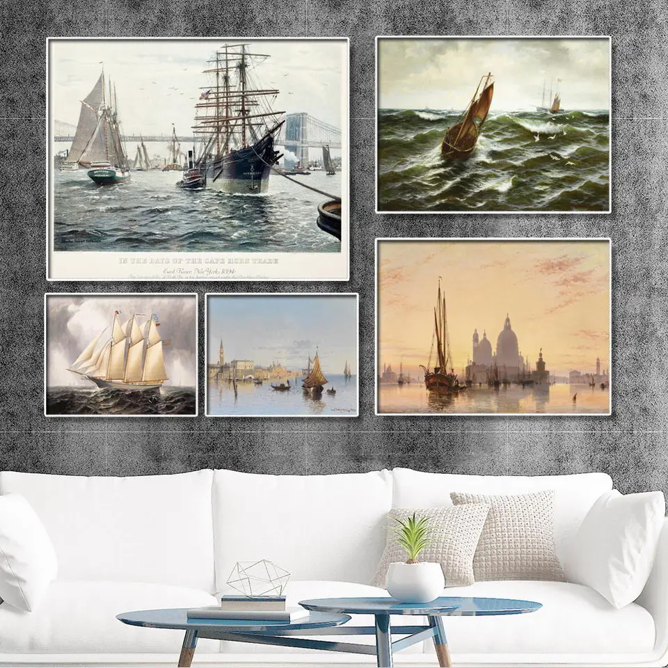 

Home Decoration Print Canvas Picture Wall Art Paintings Oil Unframed Drawings Retro landscape oil painting sailing boat 1