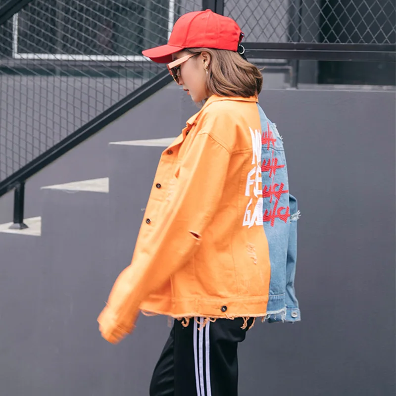 

Cheerart Denim Jacket Women Long Sleeve Splice Ripped Jean Jacket Coats Streetwear Patchwork Fashion Coat