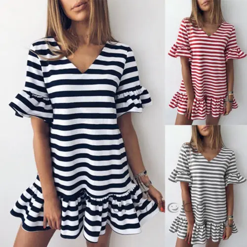 Женское Короткое платье в полоску летнее Повседневное мини с v-образным вырезом