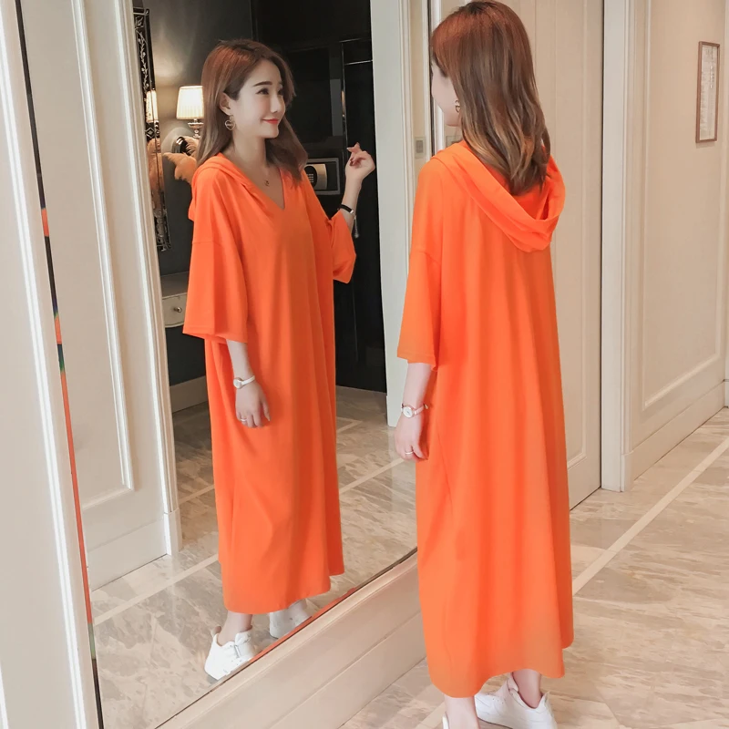 

Spring summer 2019 new women's orange large size loose cotton long over knee hooded V-neck casual dress female Korean le020