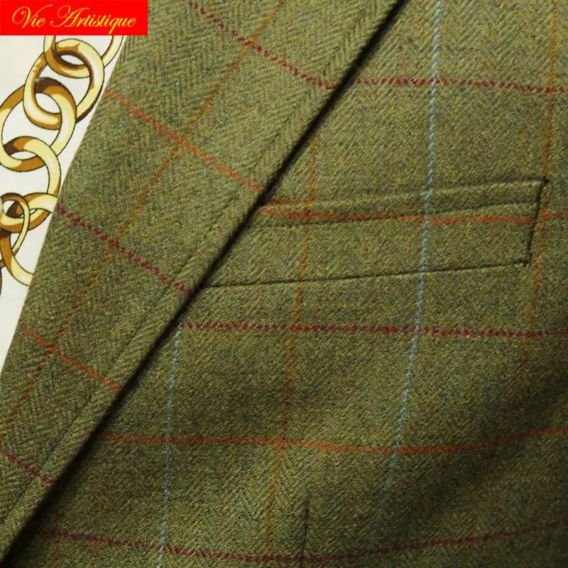 custom tailor made suits 3 pieces jacket pant vest Worsted wool Men's suit groom tuxedos army green tweed lattice plaid casual