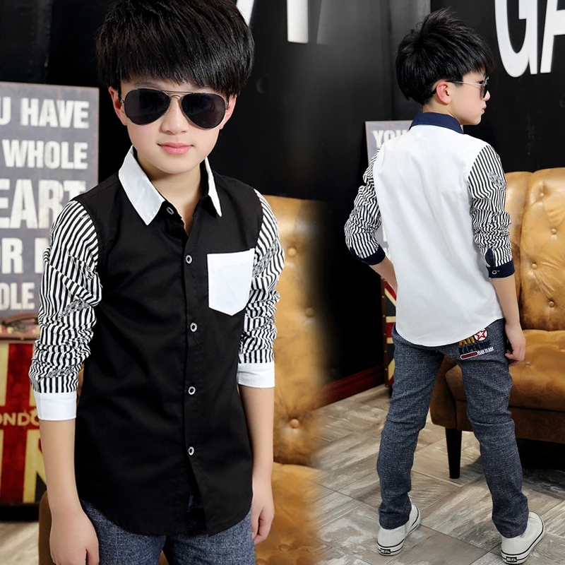 Коллекция 2017 года Осенняя детская одежда рубашки для мальчиков полосатые с