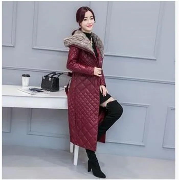 Bordeaux red Зимнее пальто из искусственной овечьей кожи, женская тонкая куртка, длинное пальто с воротником из искусственного меха норки, пуховики больших размеров Q925 - Цвет: Bordeaux red