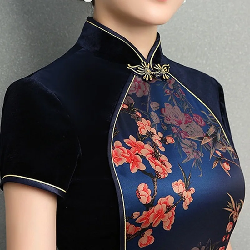 Китайское платье Qipao Шанхай раннее бархатное Ципао с коротким рукавом винтажное
