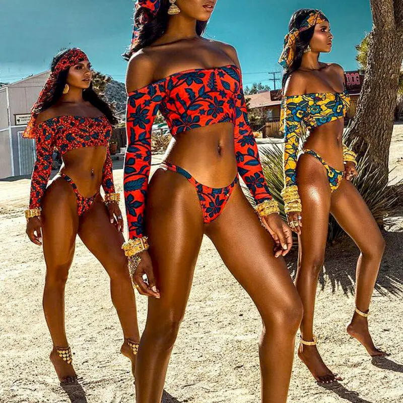 Женский купальник с цветочным принтом комплект бикини длинными рукавами и