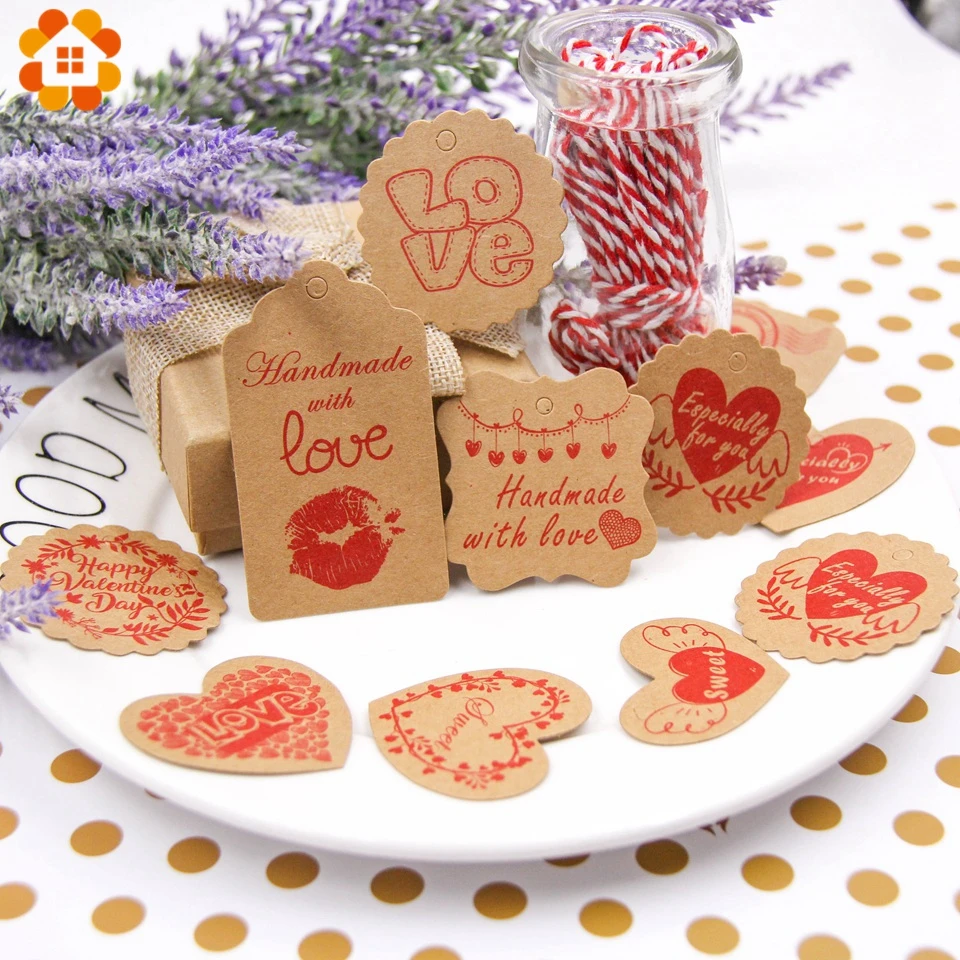 50 шт День Святого Валентина поделки DIY бирка с веревкой натуральный цвет крафт