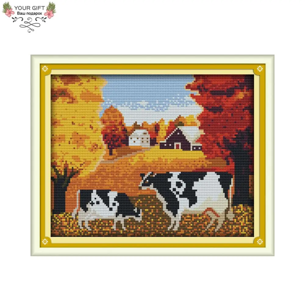 

Joy Sunday F778 14CT 11CT Counted and Stamped Home Decor The Autumn Cows Needlework Needlepoint Embroidery Cross Stitch kits