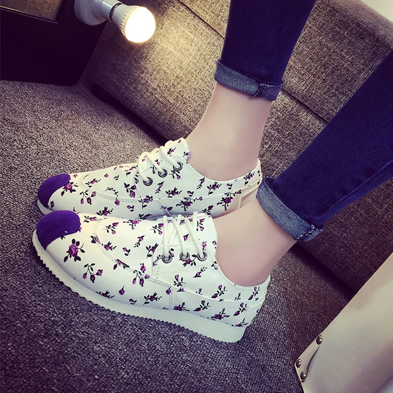 Женщин Печатных Цветок Круглый Носок Зашнуровать Холст Плоский Каблук Обувь