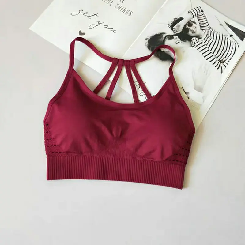wine red Женские спортивные бюстгальтеры, спортивный бюстгальтер для бега со съемными чашками, пуш-ап, бюстгальтер для йоги, бесшовный бюстгальтер с перекрестными ремешками на спине, спортивный бюстгальтер для фитнеса - Цвет: wine red