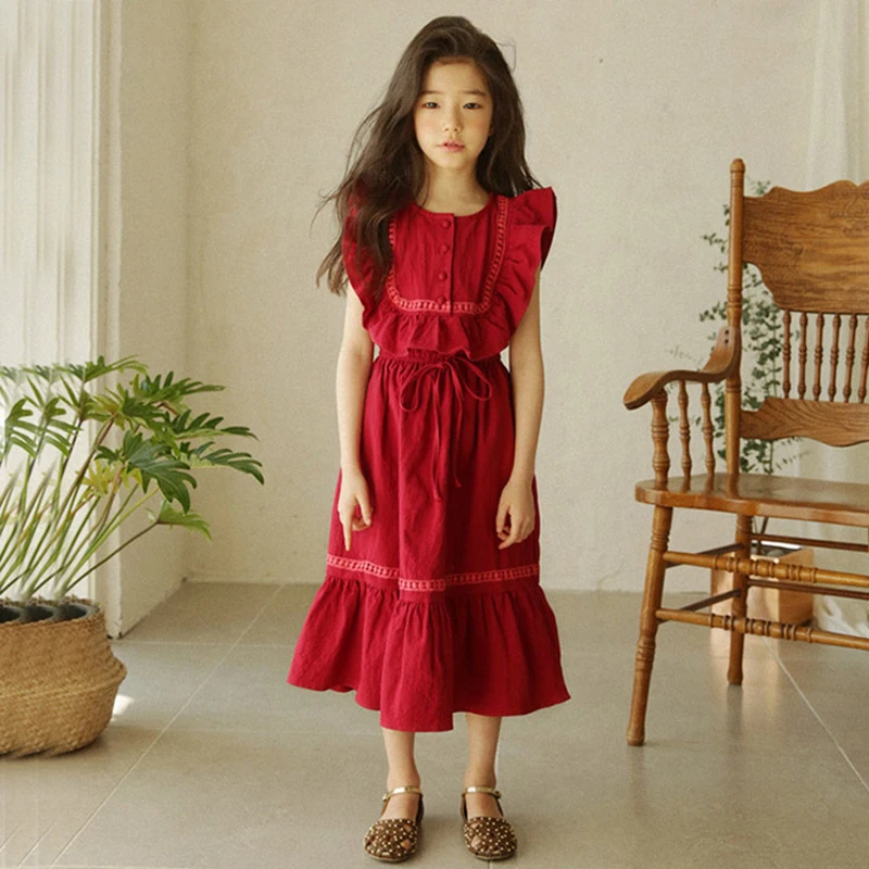4 -14 Yrs Teenage Girls Red Long Dress 2021 Summer Elegant Ruffle Sleeveless Frocks For Simple Cotton | Детская одежда и обувь