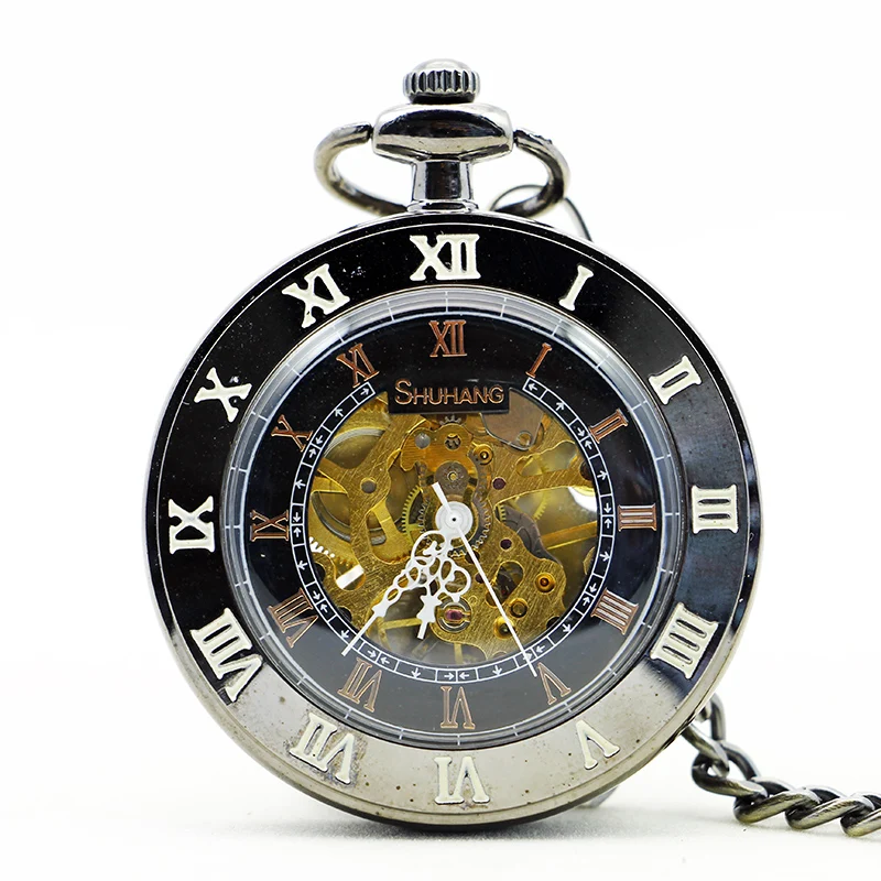 

Steampunk Black Skeleton Mechanical Pocket Watch Chain Open Face Design Hand Wind Women Men Watches Xmas Gifts 2018 New Clock