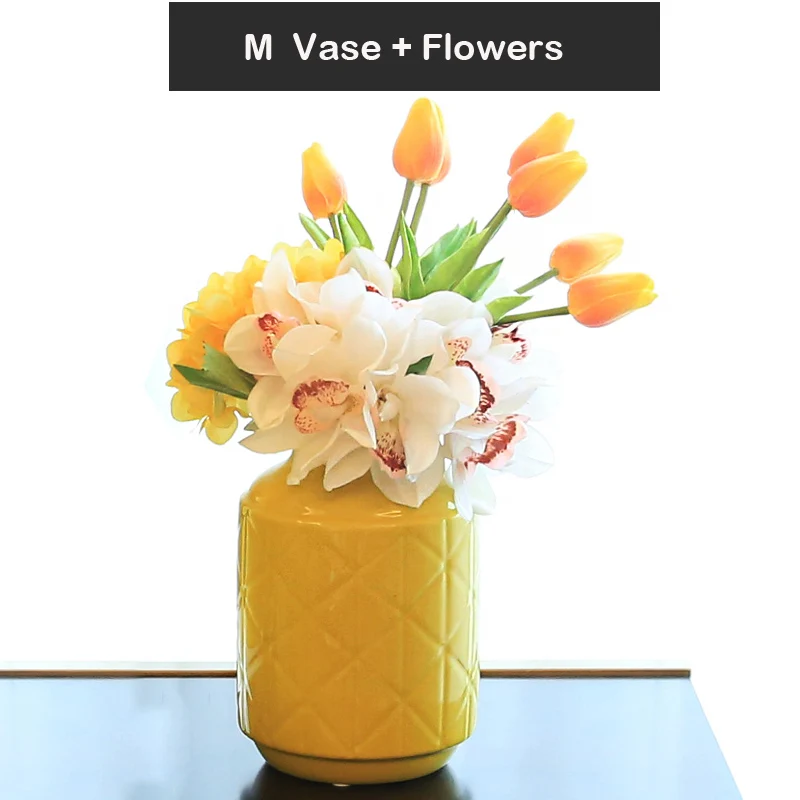 yellow M With flower Современный желтый зеленый керамический Вазы Свадебные вазы для украшения стола цветочные вазы для украшение для дома ремесла ваза с цветами - Цвет: yellow M With flower
