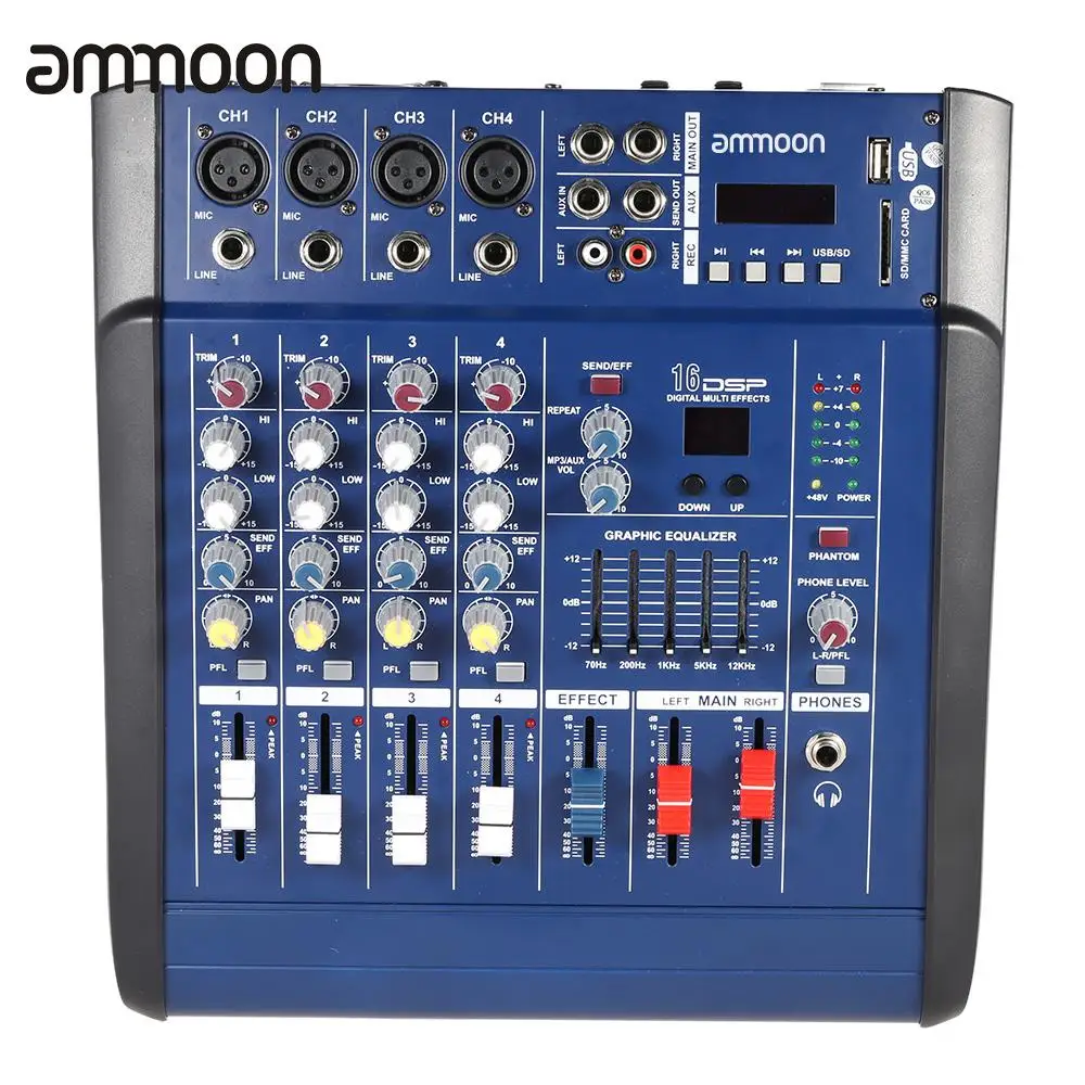 Ammoon PMX402D-USB 4 канальный цифровой линия для микрофона аудио микшерный пульт 16 встроенными звуковыми эффектами для Запись для ди-Джея свет для сцены парти караоке