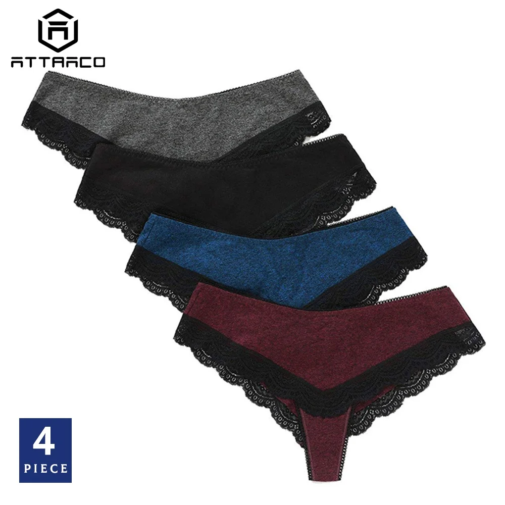 4 in Pack ATTRACO женские стринги кружевное нижнее белье V стринги трусики из хлопка 4 шт горячая Распродажа Прямая - Цвет: 4 in Pack
