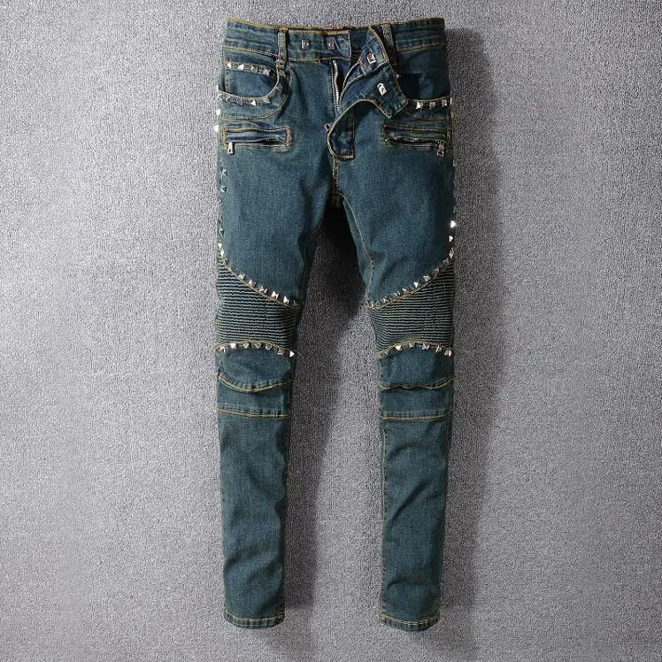 

France Style 2020 New Men Metal Rivets Moto Pants Ripped Washed Blue Skinny Denim Biker Jeans Stretch Slim Trousers Size 29-40