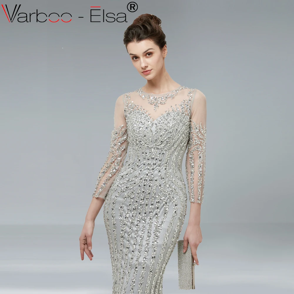 VARBOO_ELSA 2018 Новое Элегантное серебряное кружевное вечернее платье с длинным