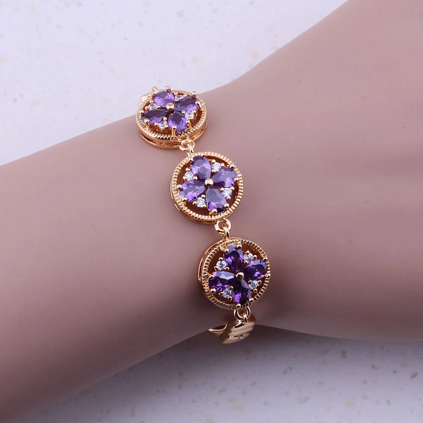Очаровательные фиолетовые хрустальные браслеты желтого золота недорогие