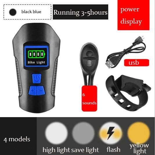 blue power display Велосипедный фонарь с компьютерным одометром USB Перезаряжаемый велосипедный Громкий Рог MTB дорожный велосипед Многофункциональный фонарик Фонари - Цвет: blue power display