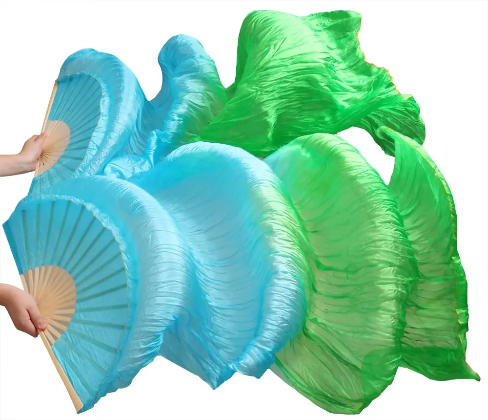 

100% шелк, оптовая продажа, Высококачественная китайская шелковая фата ручной работы, фанаты для танца живота, 1 пара бирюзовых и зеленых веер...