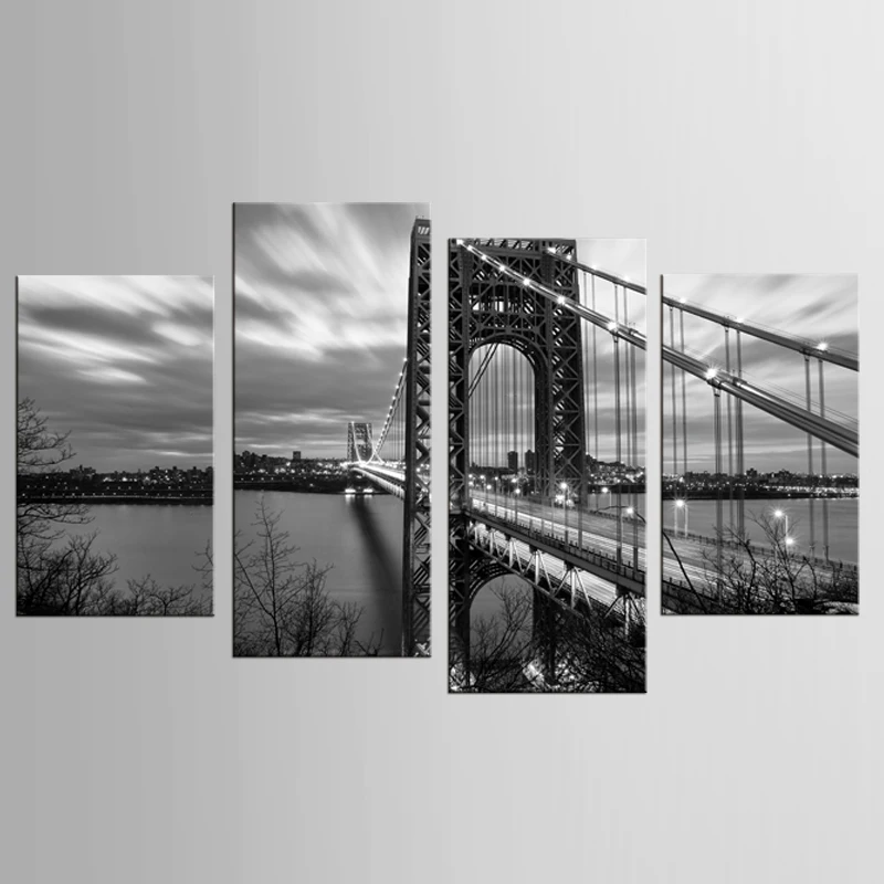 

4 pieces / sets of modern mural painting cloth black and white bridge night painting group canvas fresco art home decoration