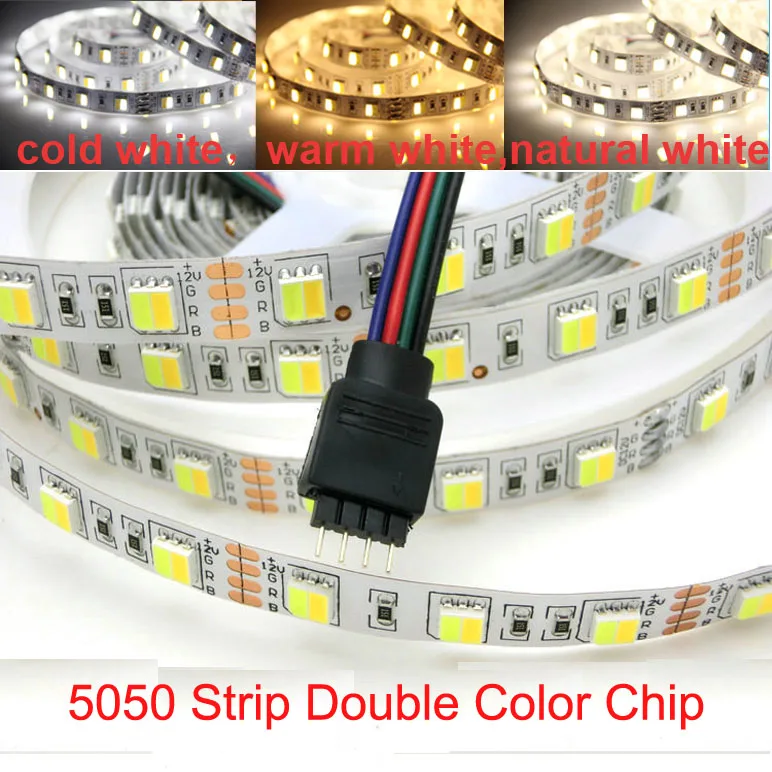 

50m/lot LED SMD5050 double color chip strip,color temperature adjustable White+Warm White,60LEDs/m,5m/roll DC12V,Waterproof