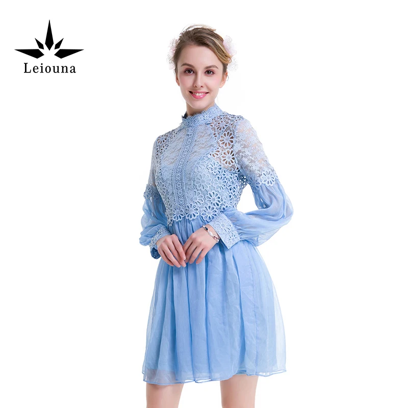 Leiouna/небесно-голубое весеннее милое кружевное короткое летнее платье с длинными
