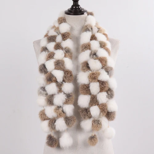 rabbit yellow white New Winter Women Real Rabbit Fur Scarf Natural Warm Rabbit Fur Muffler Girl Fashion Knitted Genuine Rabbit Fur Scarves - Color: rabbit yellow white