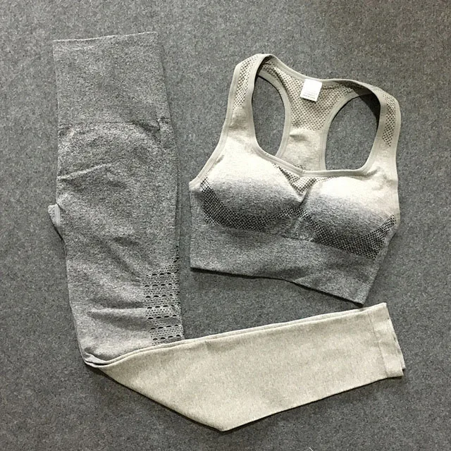 Gray 2Pcs Set 2 шт., бесшовный комплект для йоги с эффектом омбре, комплекты для спортзала, женская одежда для спортзала, спортивный бюстгальтер+ леггинсы, Женская Спортивная одежда для спортзала, Женский костюм для фитнеса - Цвет: Gray 2Pcs Set