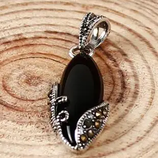 natural black agate FNJ 925 Серебряный кулон марказит натуральный зеленый камень чистый S925 Solid Тайский серебряные подвески для Для женщин ювелирных изделий - Окраска металла: natural black agate