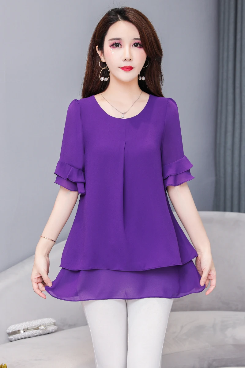 Женская блузка с коротким рукавом 5XL элегантная шифоновая размера плюс лето