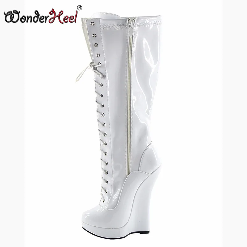 Wonderheel/Популярные лакированные белые сапоги до колена на очень высоком каблуке 7