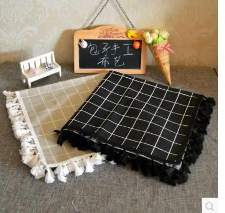 

Cotton linen beige/black plaid pattern tablecloth tassel table cloth mat dust proof furniture cloth