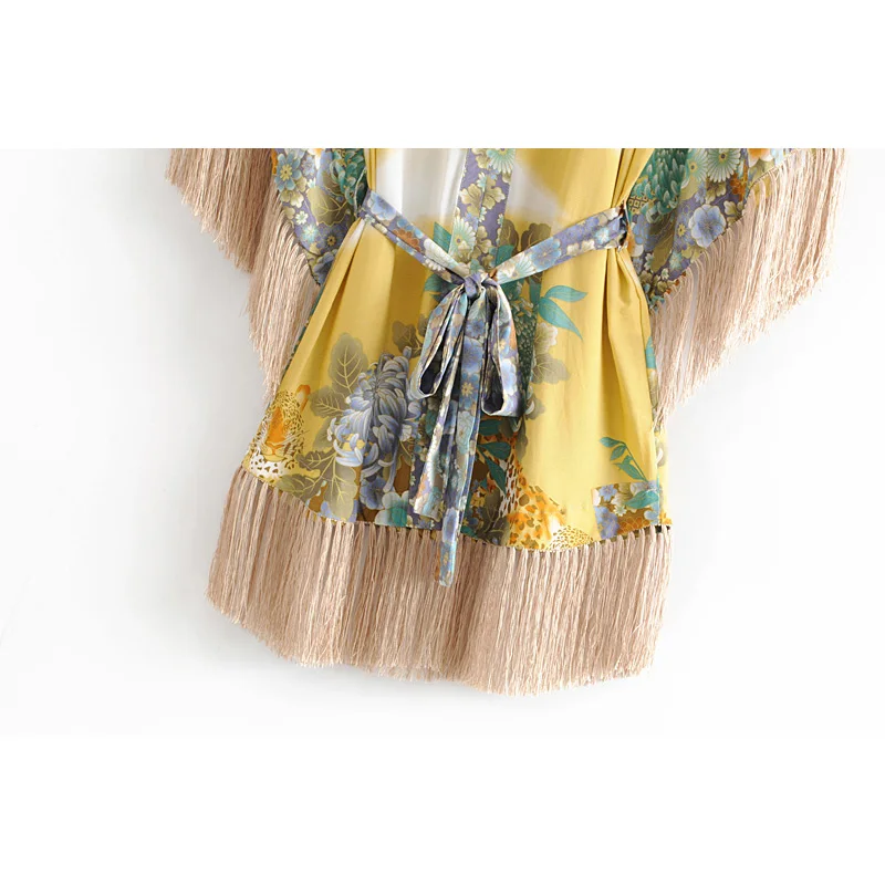 Летние шикарные Boho кисточкой сращены кимоно с цветочным принтом платье 2019 модные
