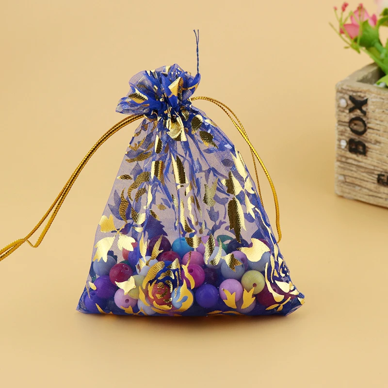 

100pcs/lot Rose Print Royal Blue Organza Bags 17x23cm Jewelry Pouch Drawstring Gift Bag Wedding Candy Jewelry Packaging Bags