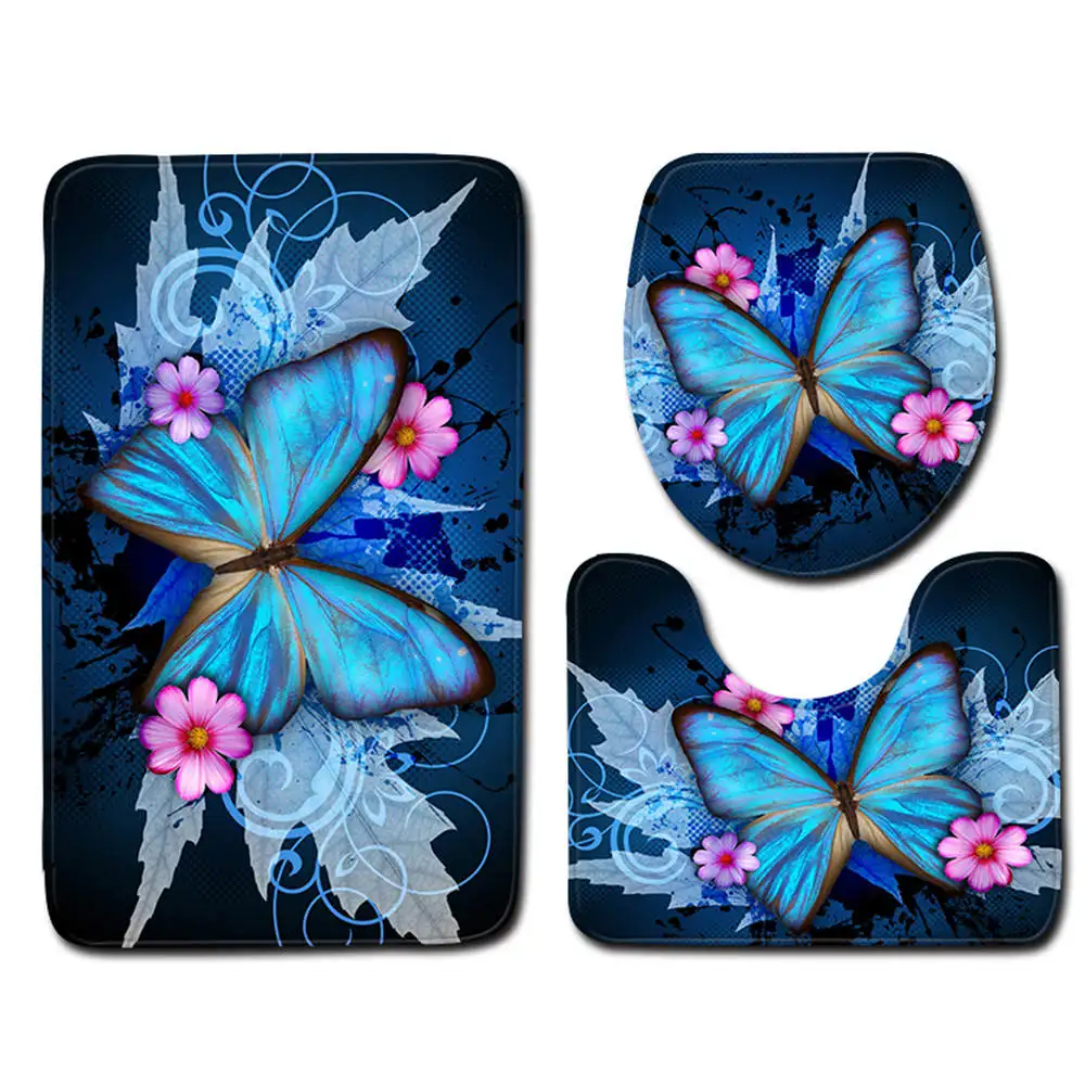 

3 Piece Bath Mat Set 3D Butterfly Toilet Bathroom Set WC Mat Rugs Baths for Shower Room Flannel Memory Foam Anti Slip Mat Carpet